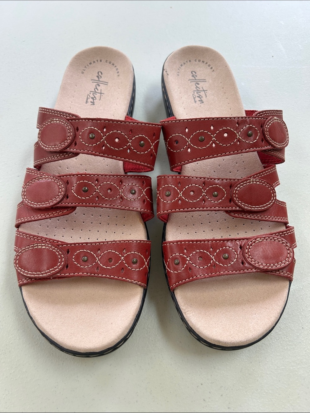 Collection B Red Triple-Strap Slide Sandals